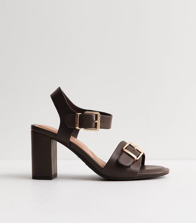 New Look Women's Wide Fit Dark Brown Double Buckle Block Heel Sandals Vegan New Look - 2