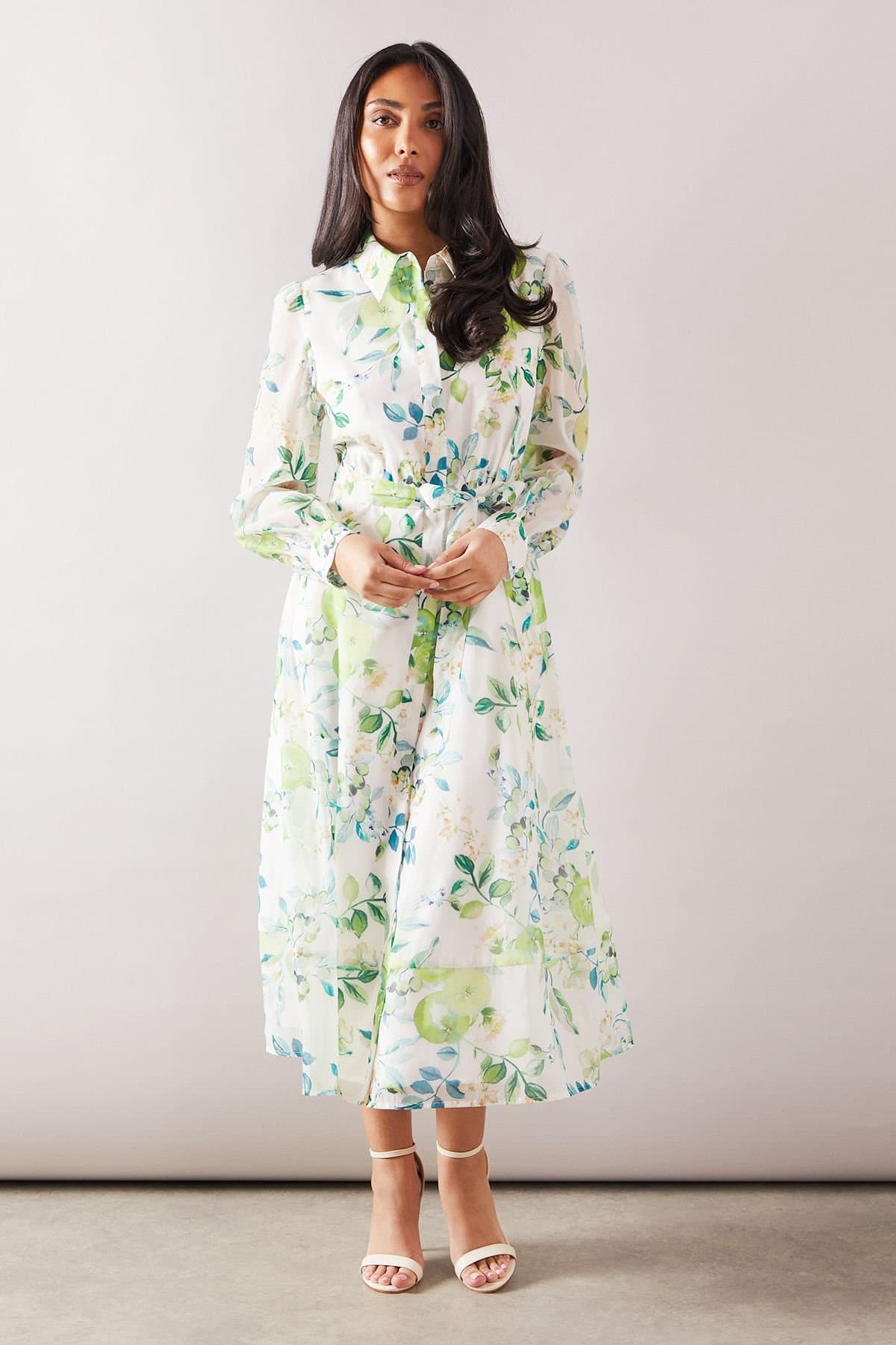 Wallis Wallis Women's Petite Fruit Print Organza Belted Shirt Dress in Green