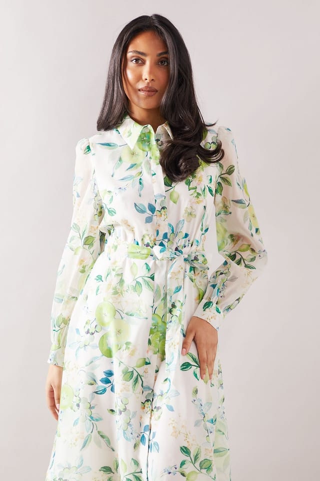 Wallis Wallis Women's Petite Fruit Print Organza Belted Shirt Dress in Green - 2