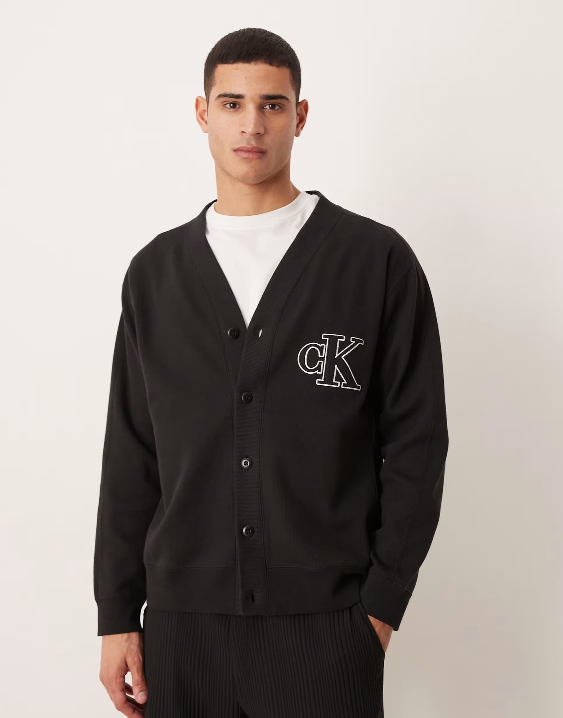 ASOS Calvin Klein Jeans rib logo button cardigan in black
