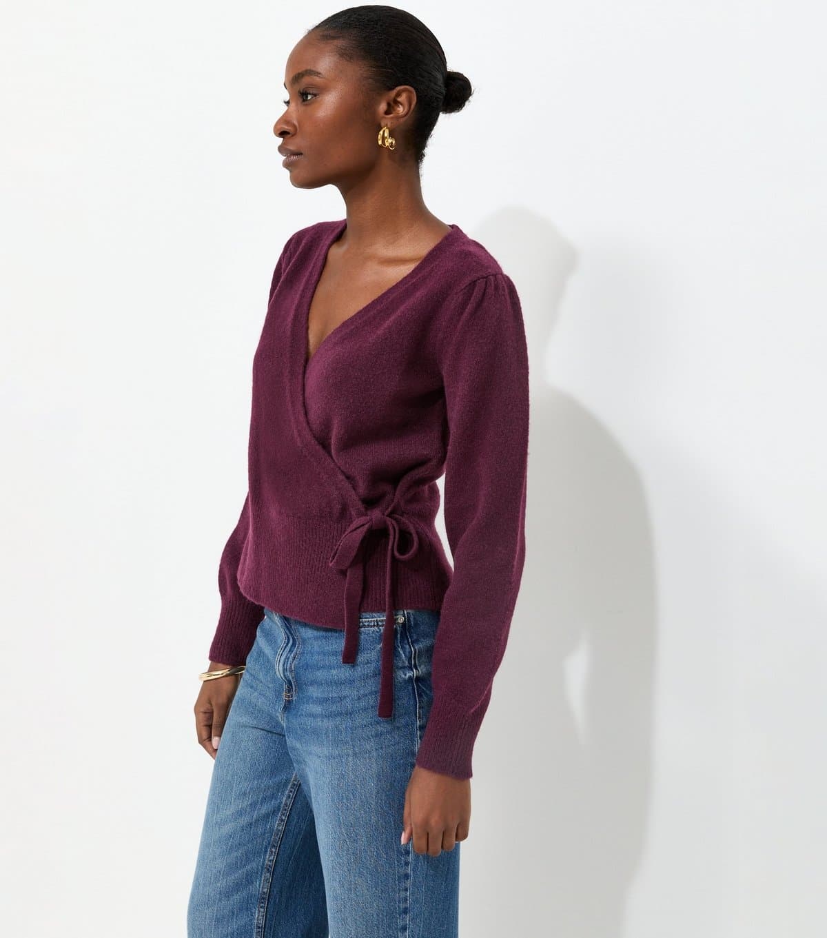 New Look Women's Dark Burgundy Puff Sleeve Knitted Wrap Jumper New Look