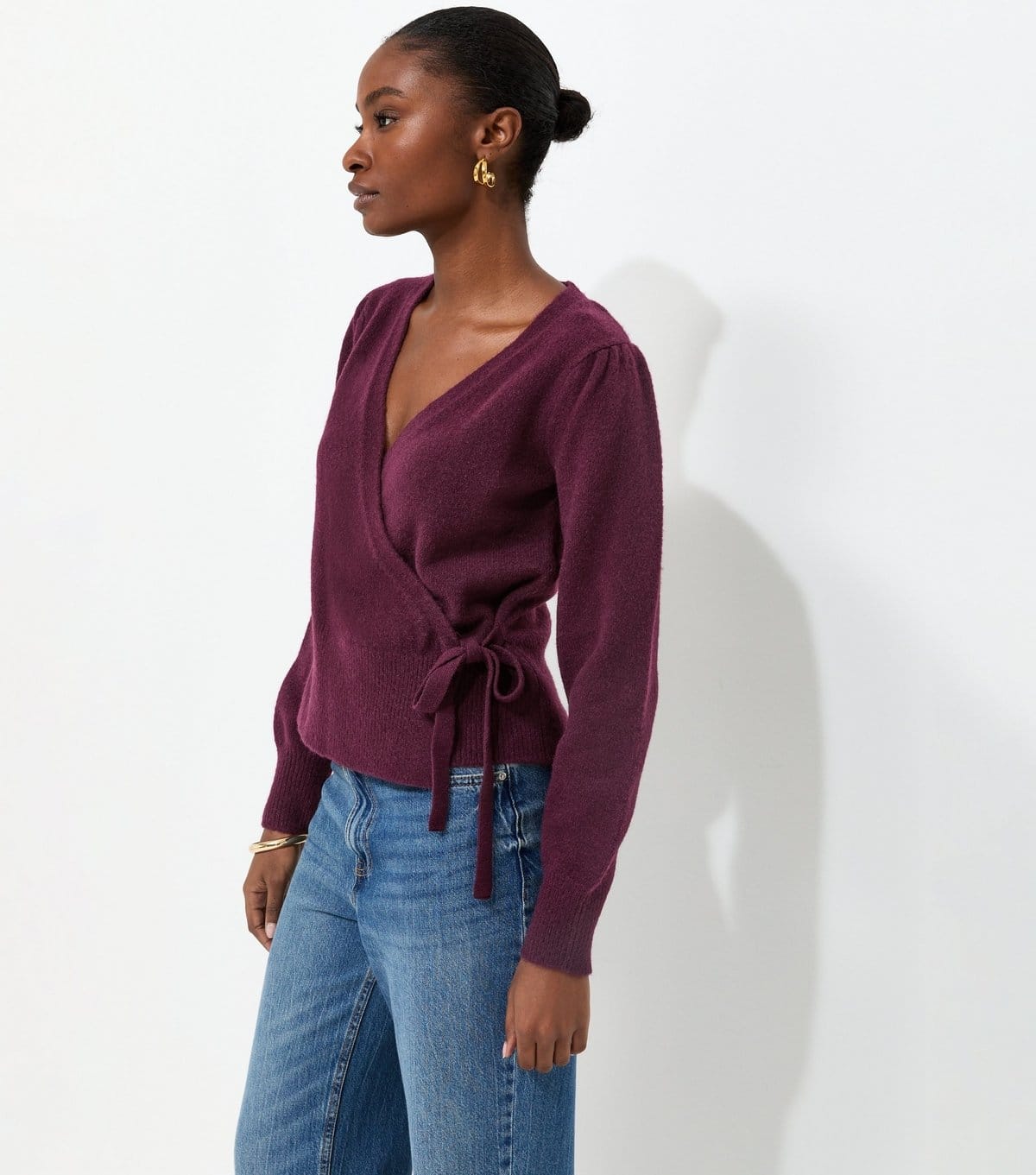 New Look Women's Dark Burgundy Puff Sleeve Knitted Wrap Jumper New Look - 1