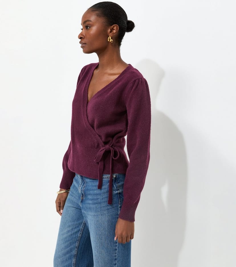 New Look Women's Dark Burgundy Puff Sleeve Knitted Wrap Jumper New Look - 1