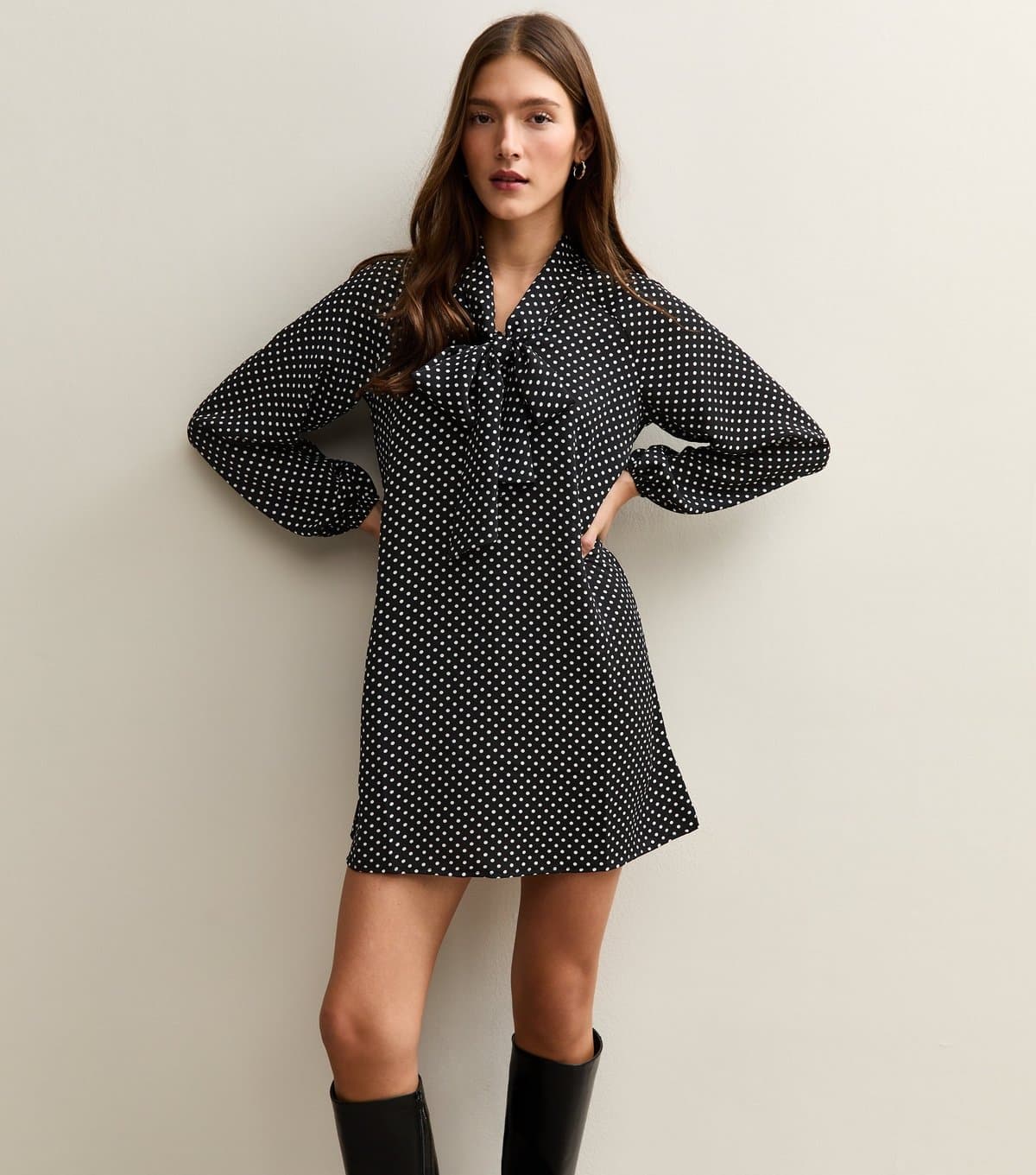 New Look Women's Black Polka Dot Pussybow Mini Dress New Look
