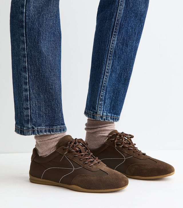 New Look Women's Dark Brown Faux Suede Panelled Low Top Trainers Vegan New Look - 2