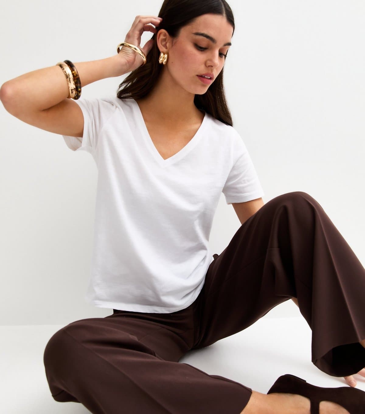 New Look Women's White Cotton V Neck T-Shirt New Look