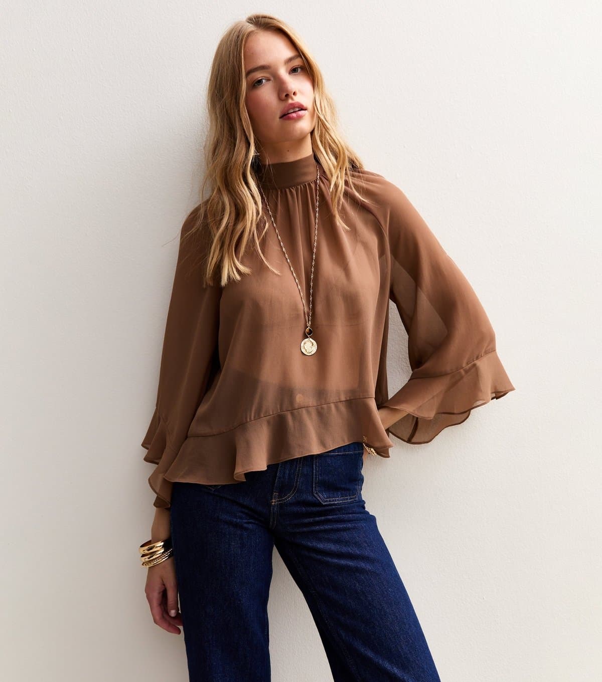 New Look Women's Brown Ruffle Chiffon High Neck Asymmetrical Blouse New Look