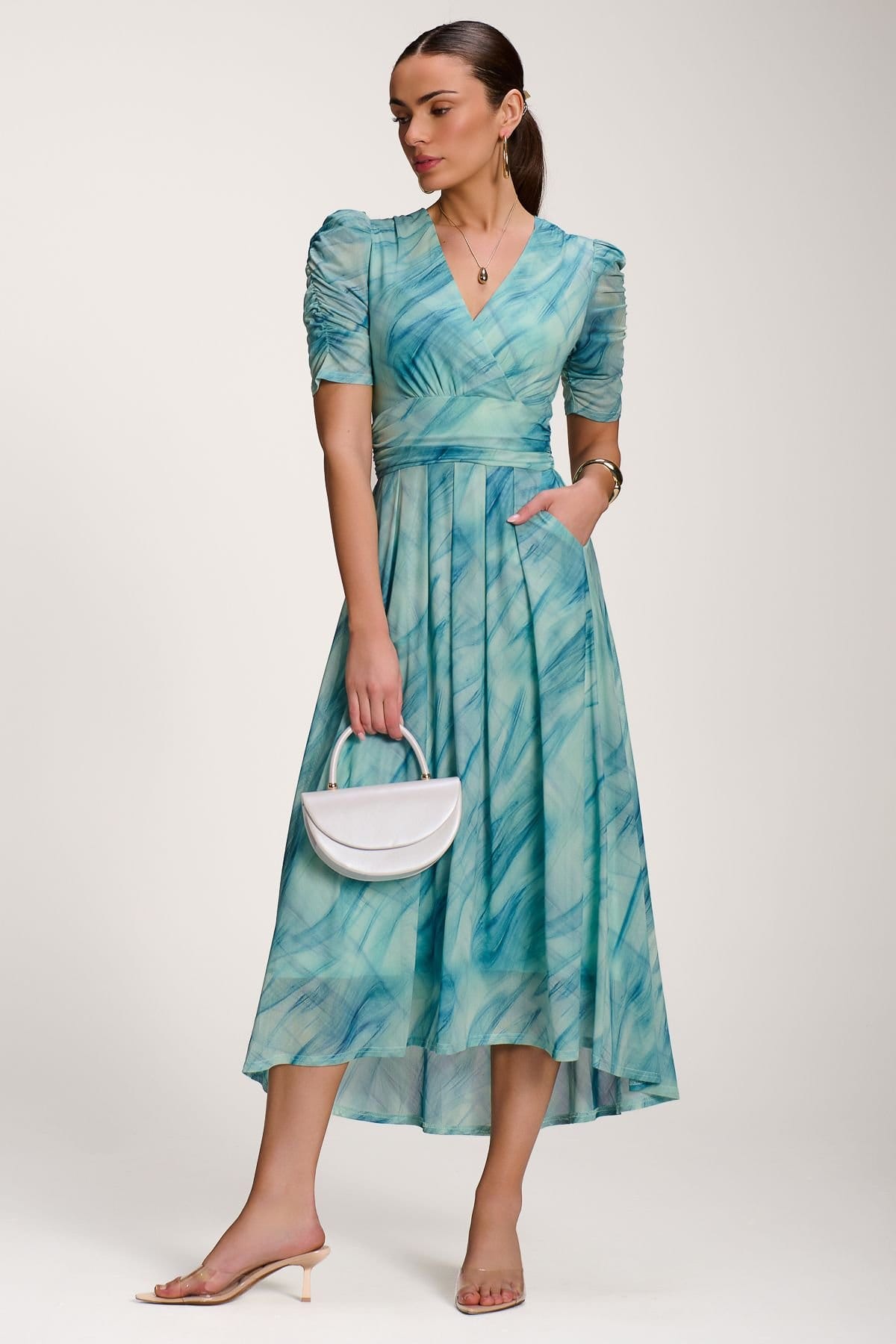 Jolie Moi Jolie Moi Women's Printed Mesh Dip Hem Maxi Dress in Pale Green - 4
