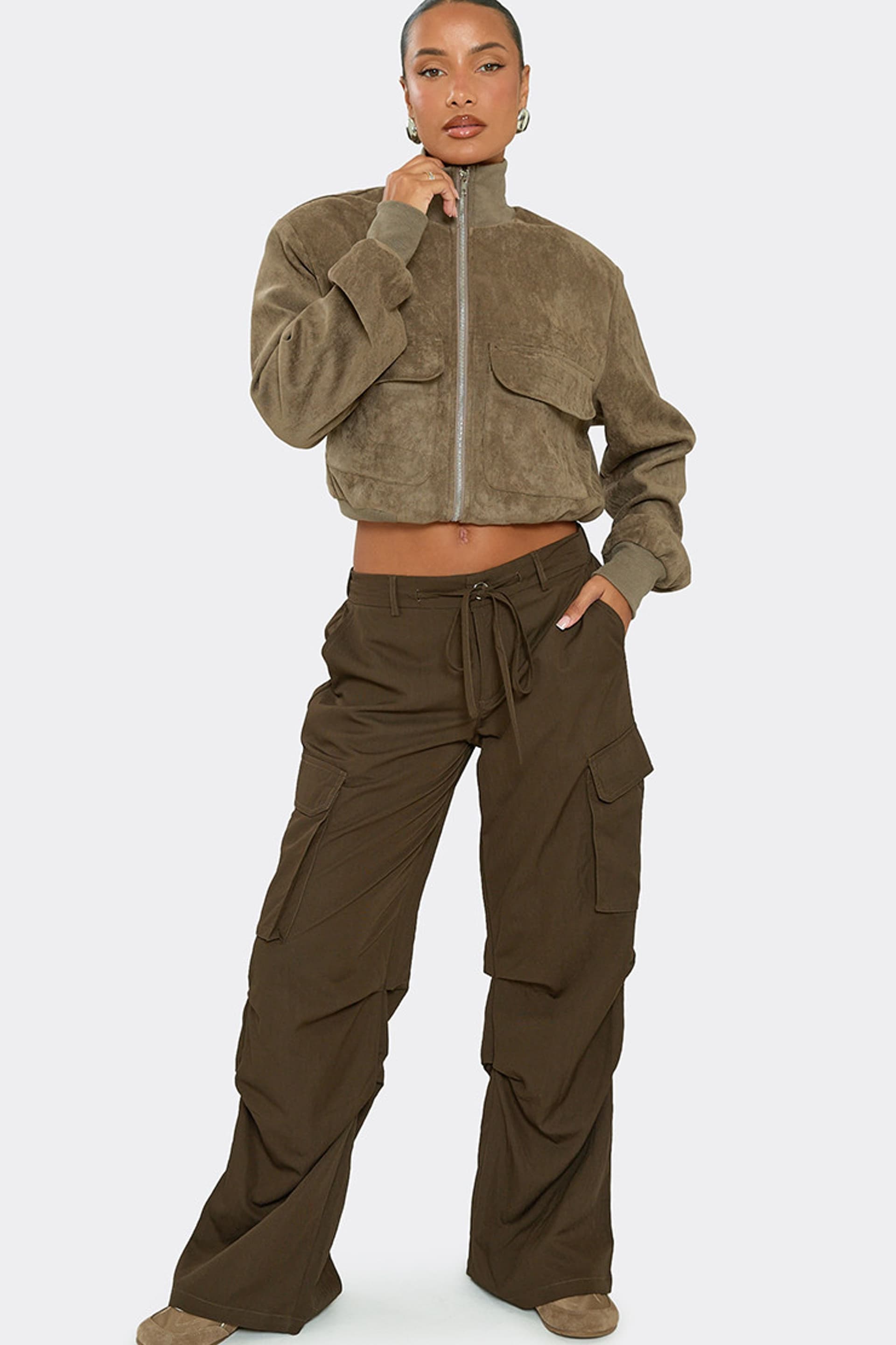 EGO EGO Women's Long Sleeve High Neck Contrast Faux Suede Jacket in Olive