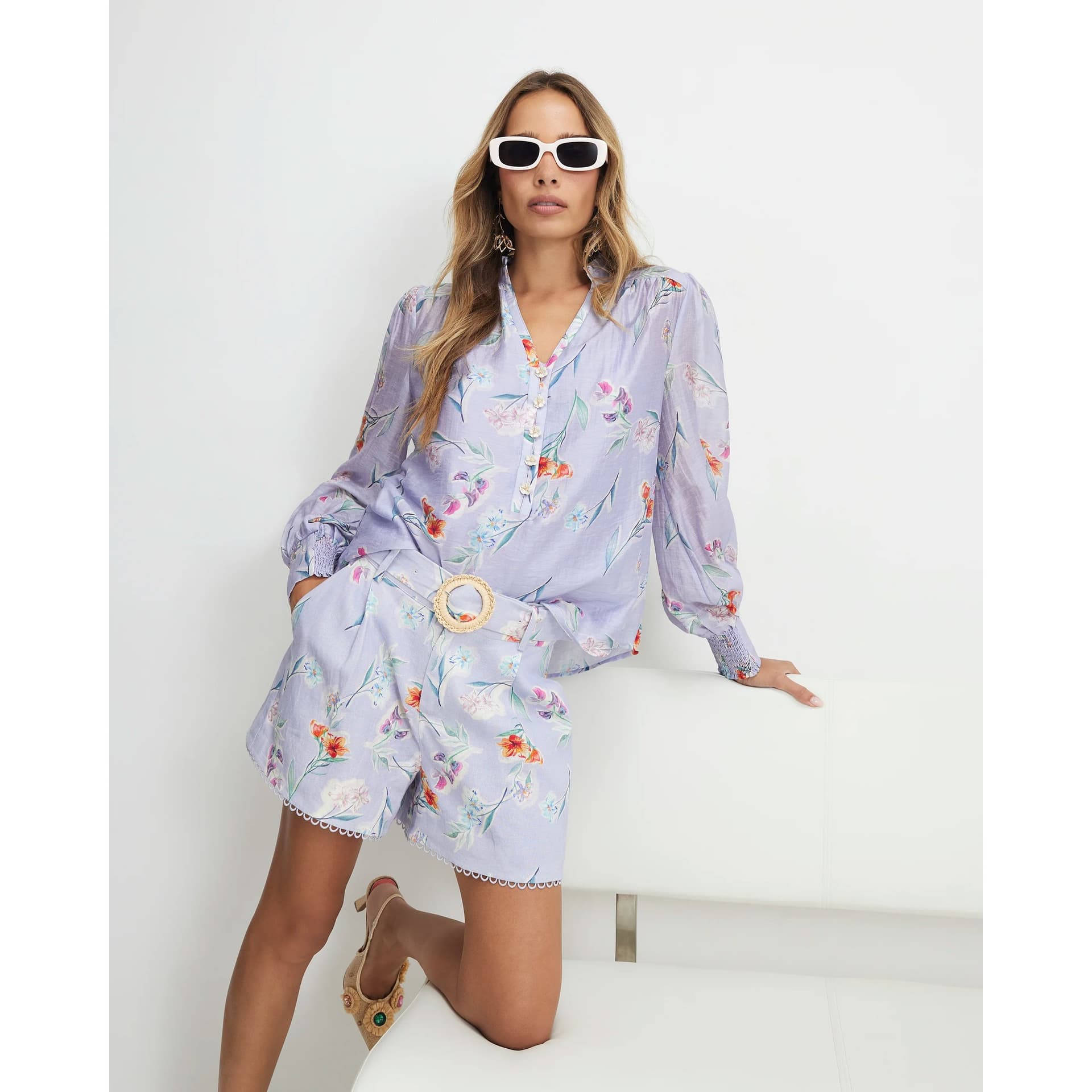 River Island River Island Womens Purple Linen Blend Floral Long Sleeve Blouse