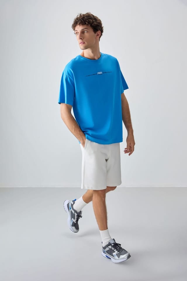 Tommy Life Tommy Life Men's Oversized Printed Crew Neck T-Shirt in Bright Blue - 2
