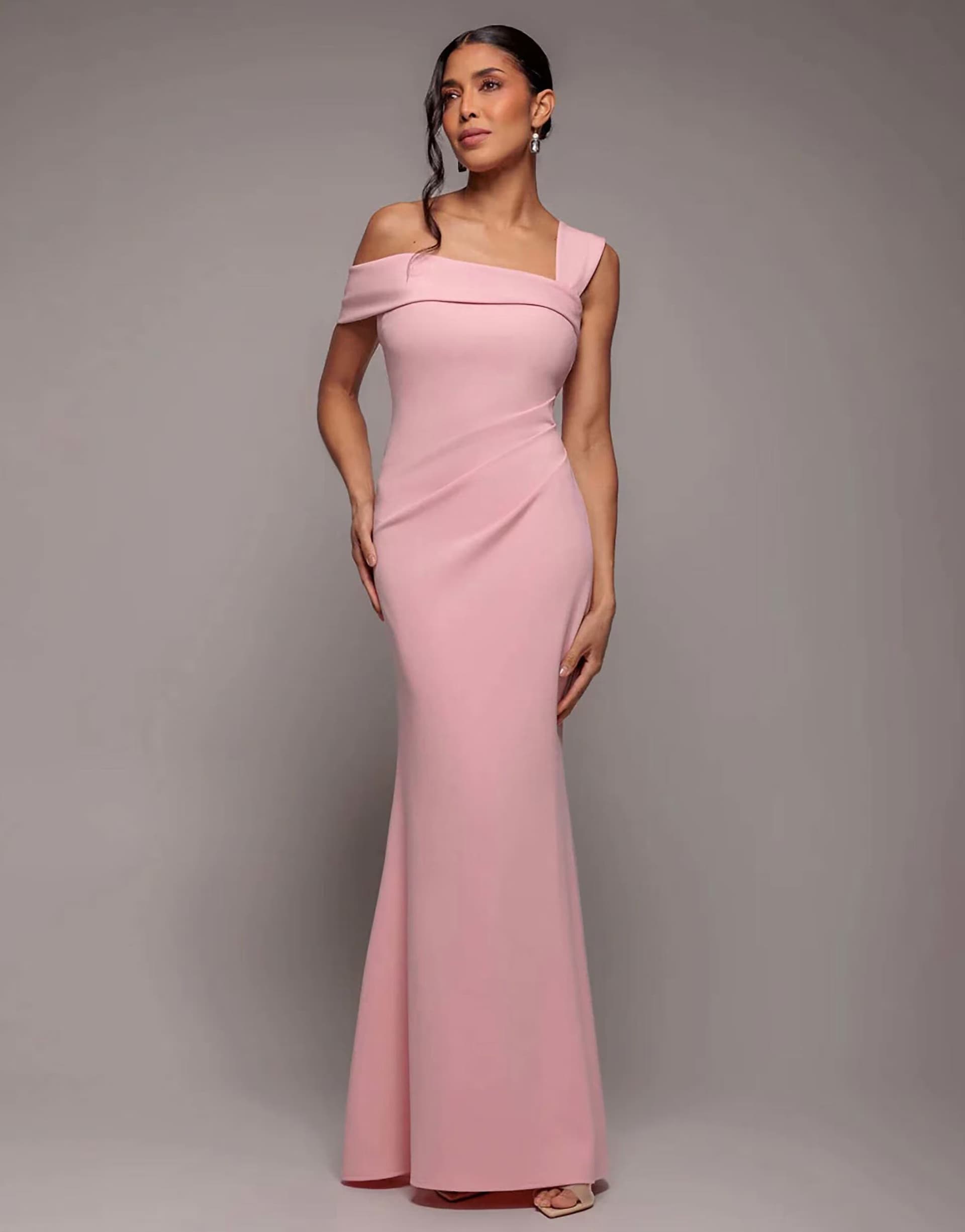 ASOS Goddiva Off the shoulder pleated waist maxi dress in blush
