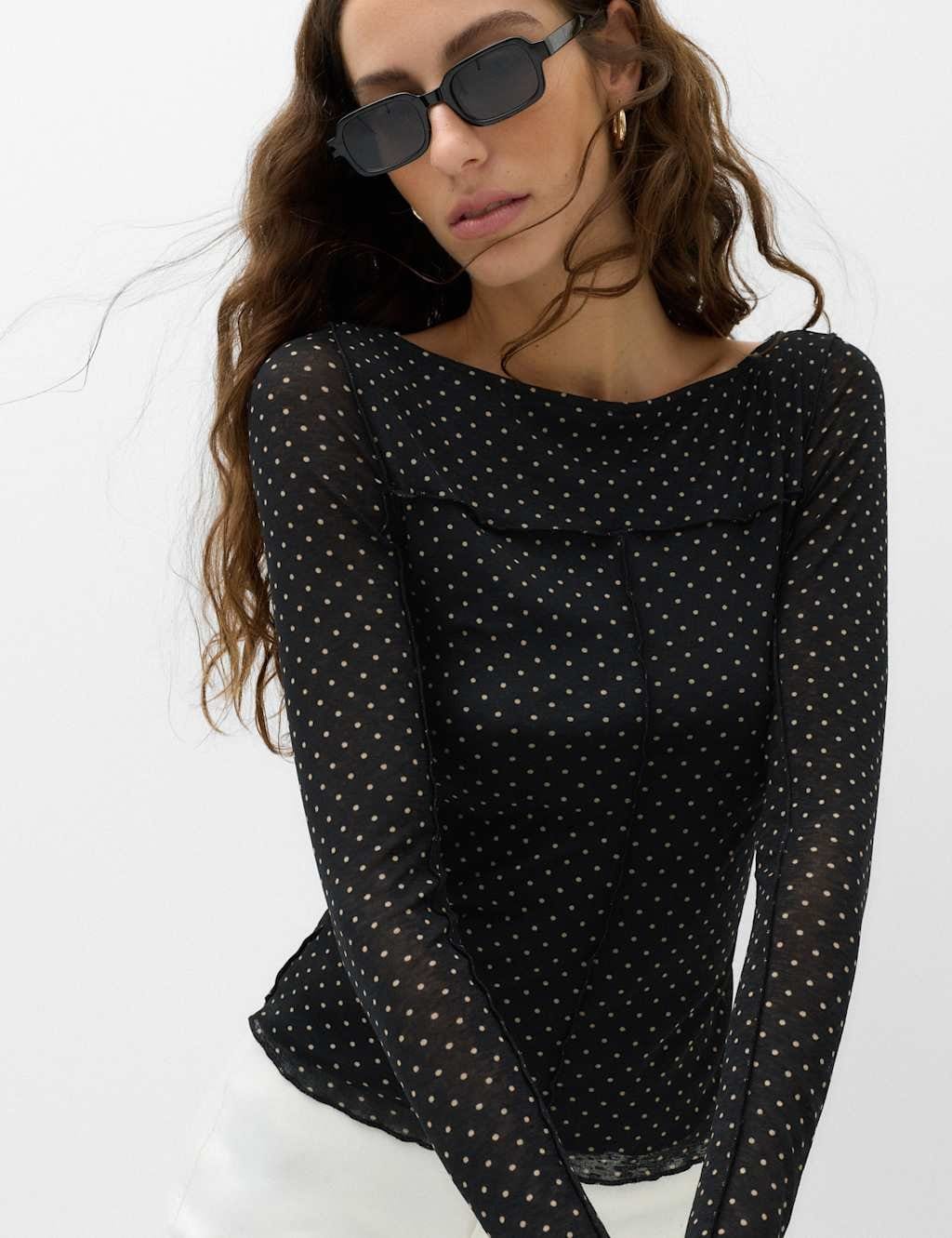 M&S Black Polka Dot Mesh Jersey Slash Neck Top