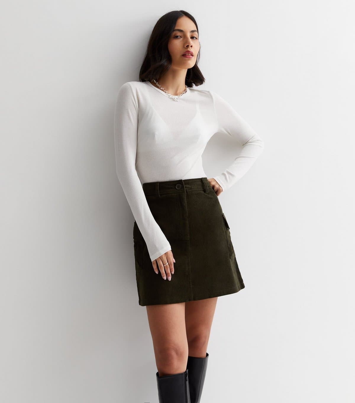 New Look Women's Khaki Cord Cargo Mini Skirt New Look
