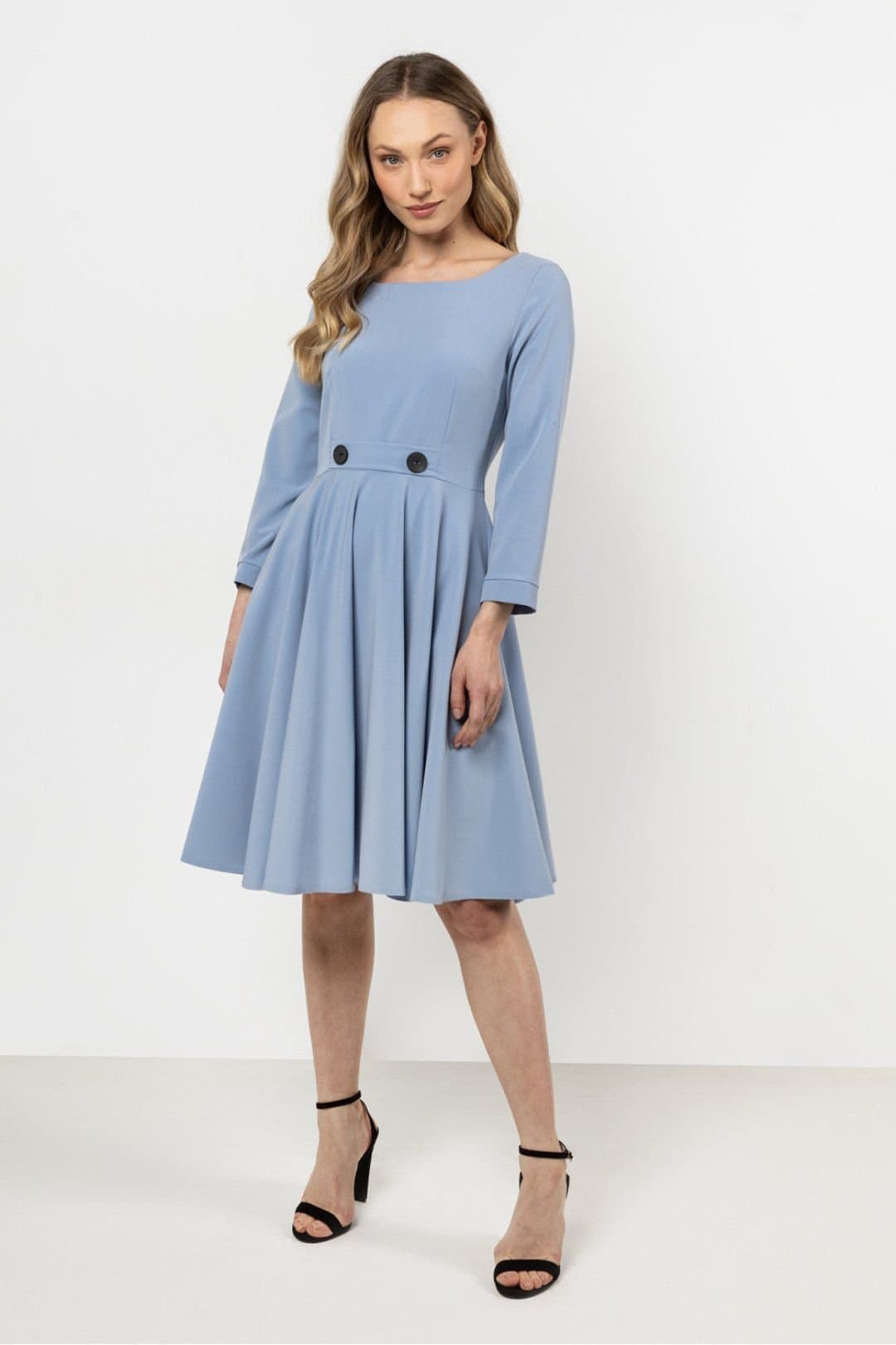 Love Lace Love Lace Women's Flared Boat Neck Day Dress with Front Buttons in Blue