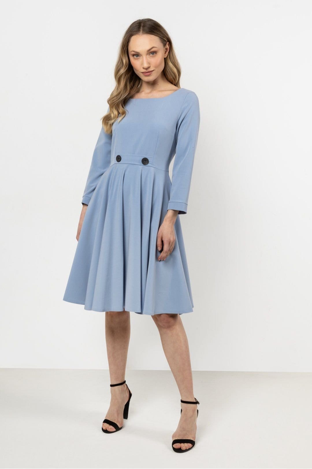 Love Lace Blue Boat Neck Day Dress with Front Buttons