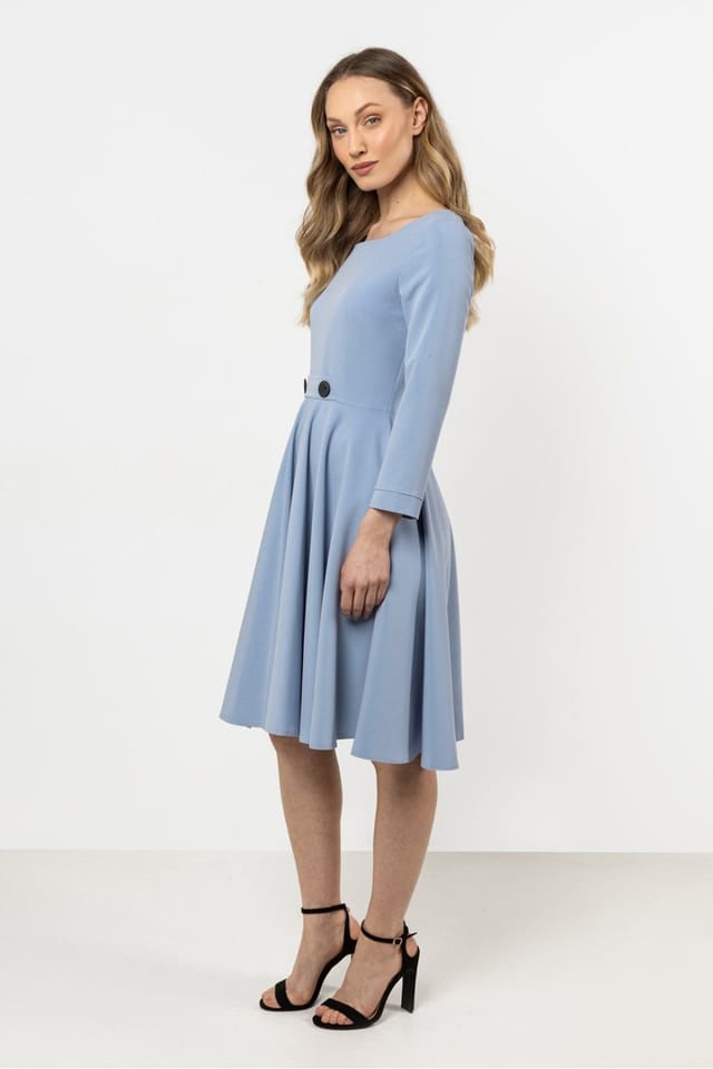 Love Lace Love Lace Women's Flared Boat Neck Day Dress with Front Buttons in Blue - 2