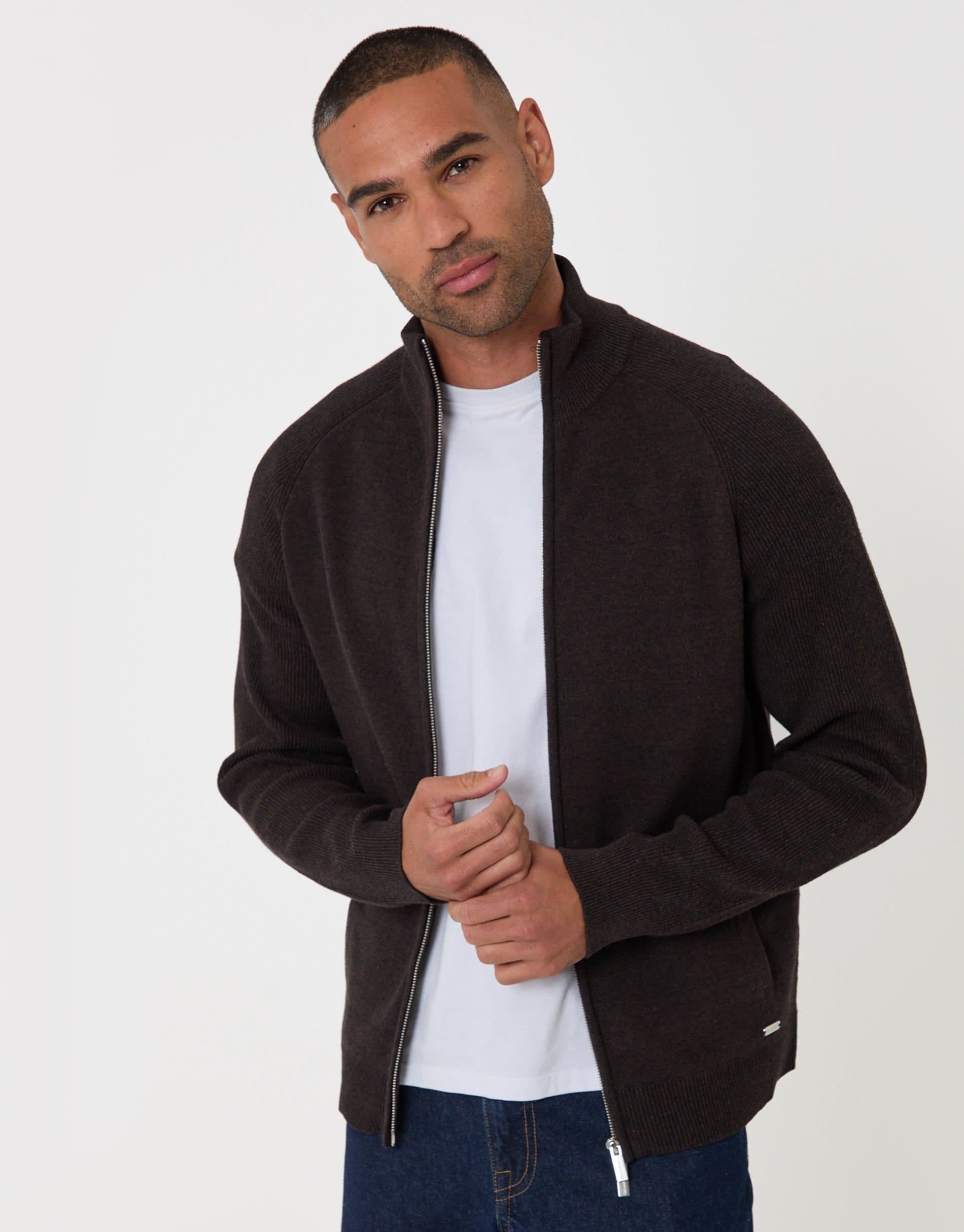 Threadbare threadbare Men's Cotton Rich Funnel Neck Zip Through Sweatshirt in Brown