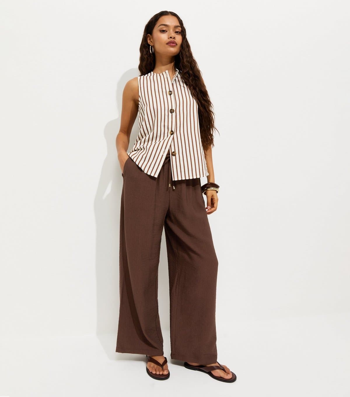 New Look Women's Petite Dark Brown Wide Leg Drawstring Trousers New Look
