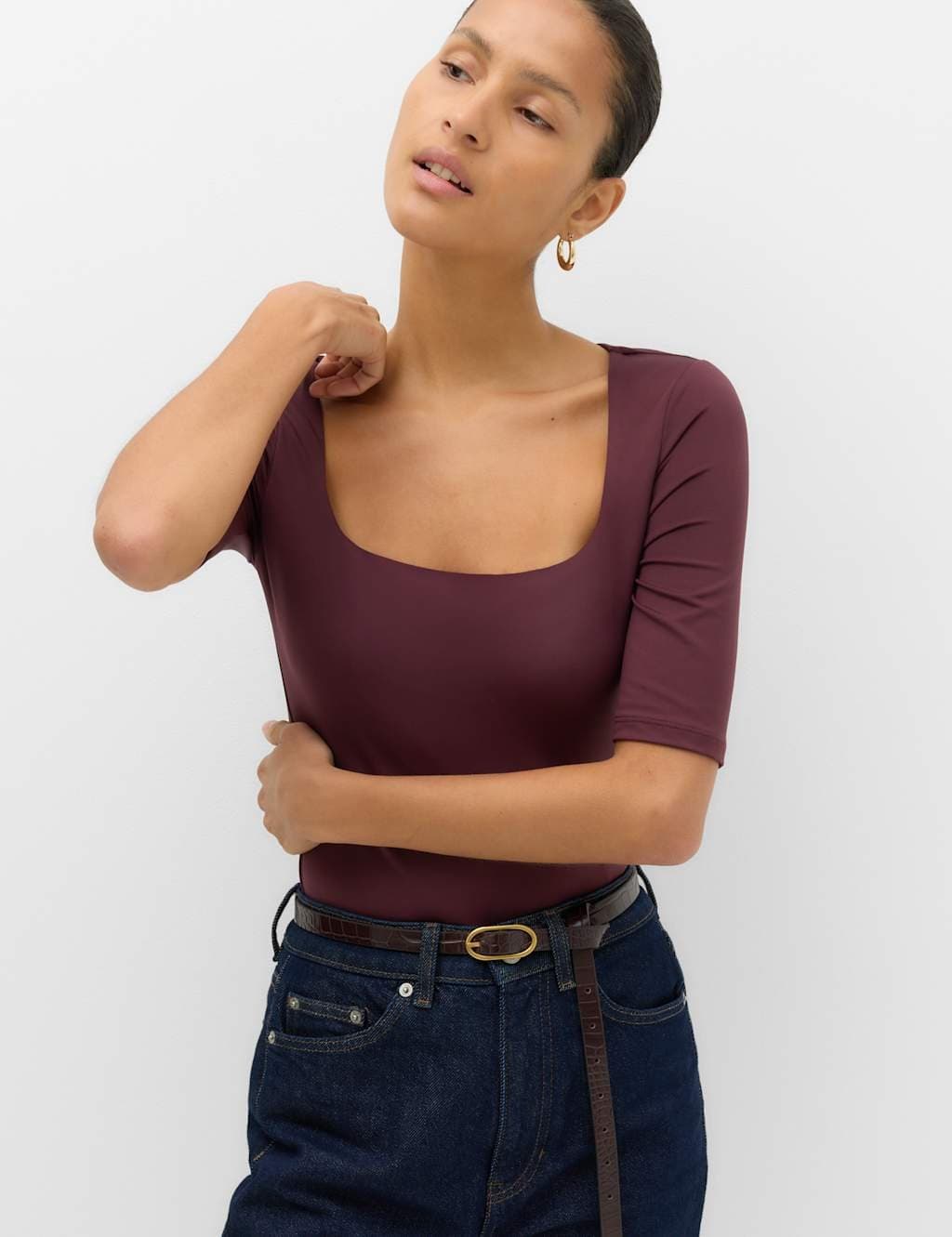Marks & Spencer M&S Square Neck Half Sleeve Fitted Bodysuit Burgundy