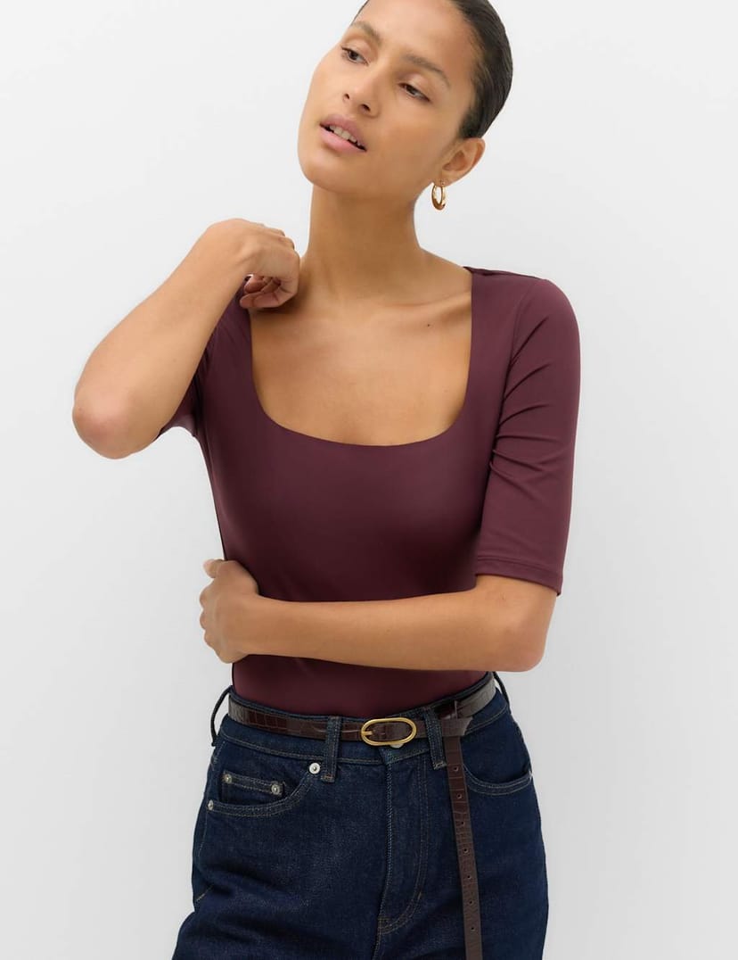 Marks & Spencer M&S Square Neck Half Sleeve Fitted Bodysuit Burgundy - 1