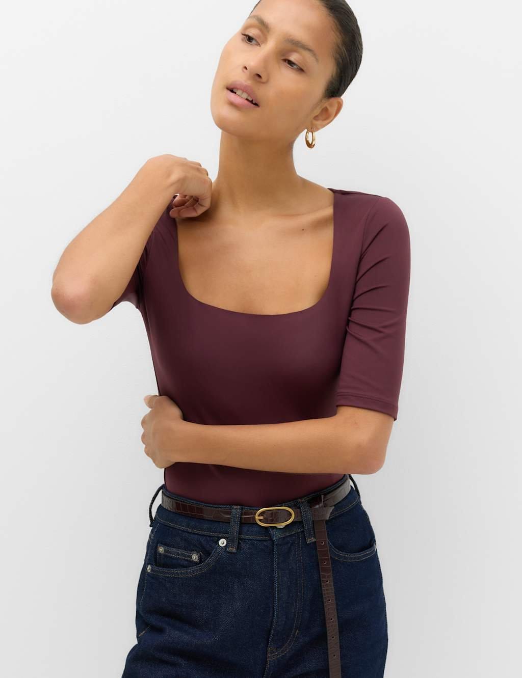 M&S Burgundy Square Neck Fitted Bodysuit