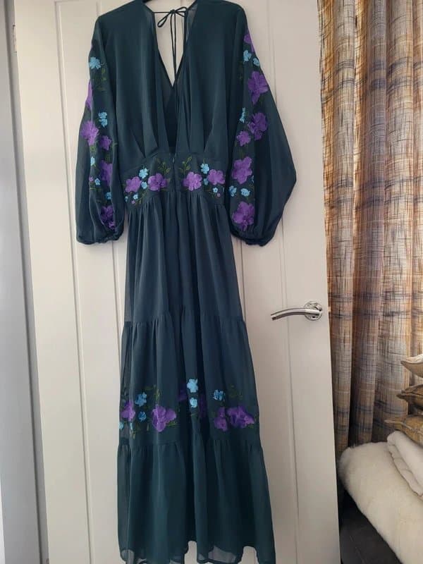 ASOS Asos dark green purple embroidered floral batwing open back maxi dress size 12