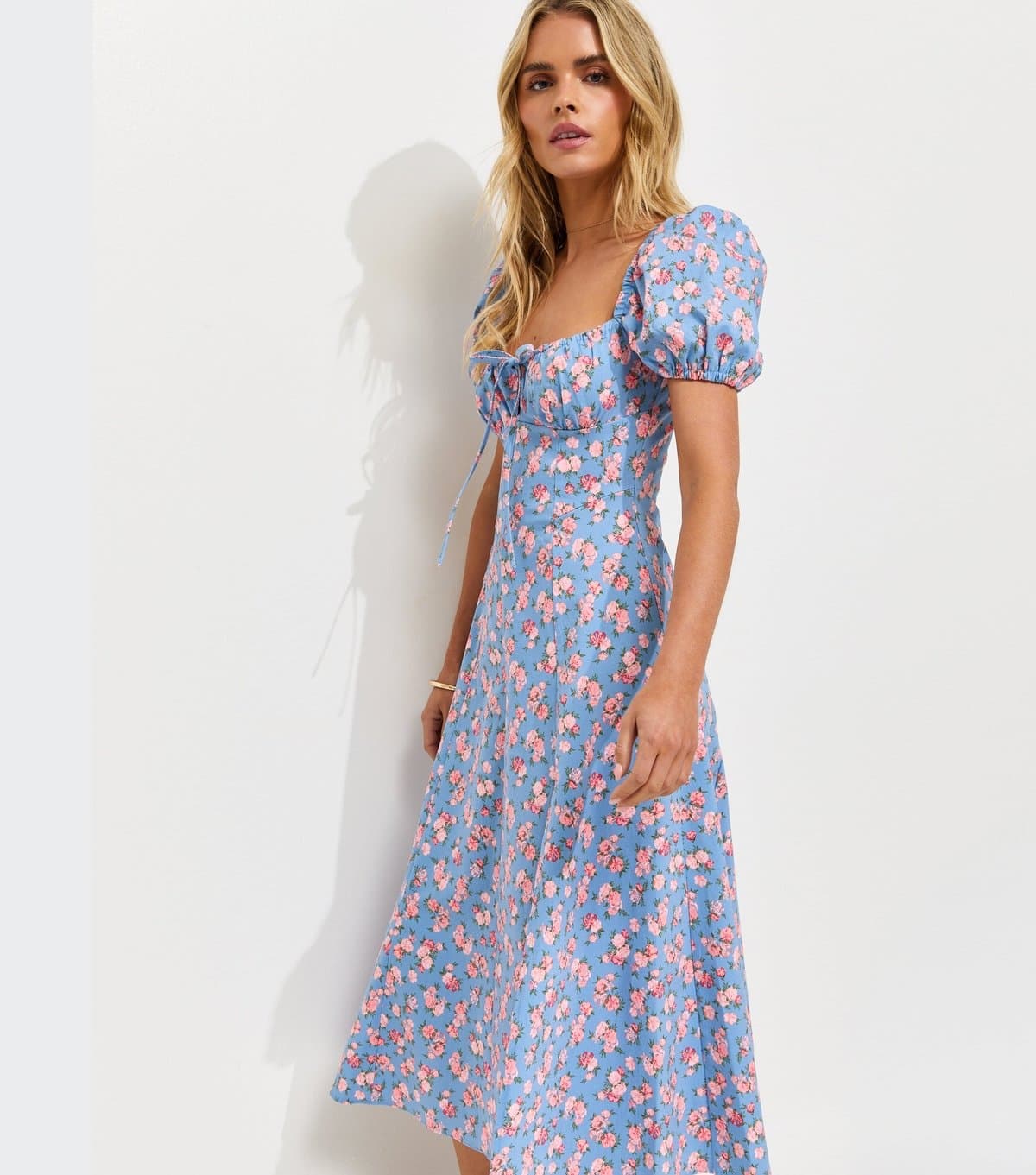 New Look Women's Petite Blue Rose Print Milkmaid Midi Dress New Look