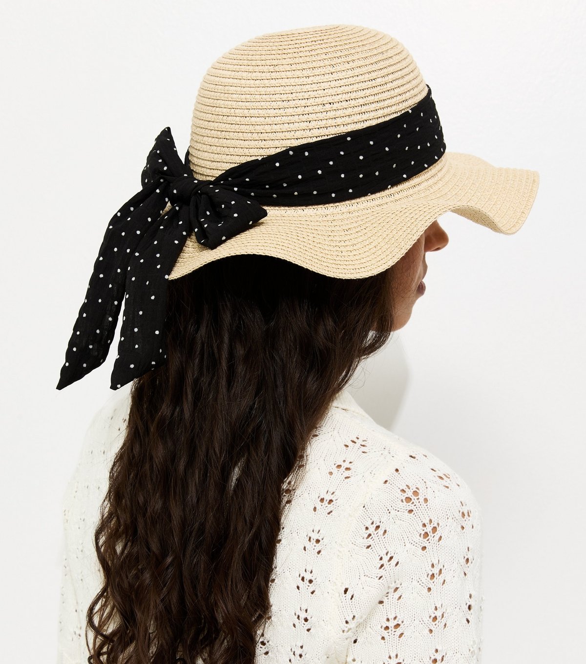 New Look Stone Wavy Brim Straw Hat with Polka Dot Bow New Look - 2
