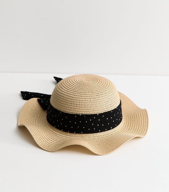 New Look Stone Wavy Brim Straw Hat with Polka Dot Bow New Look - 2