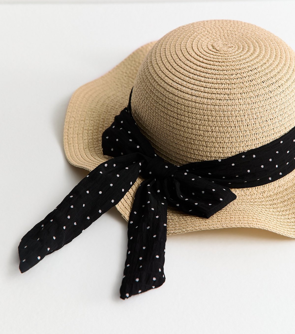 New Look Stone Wavy Brim Straw Hat with Polka Dot Bow New Look - 3