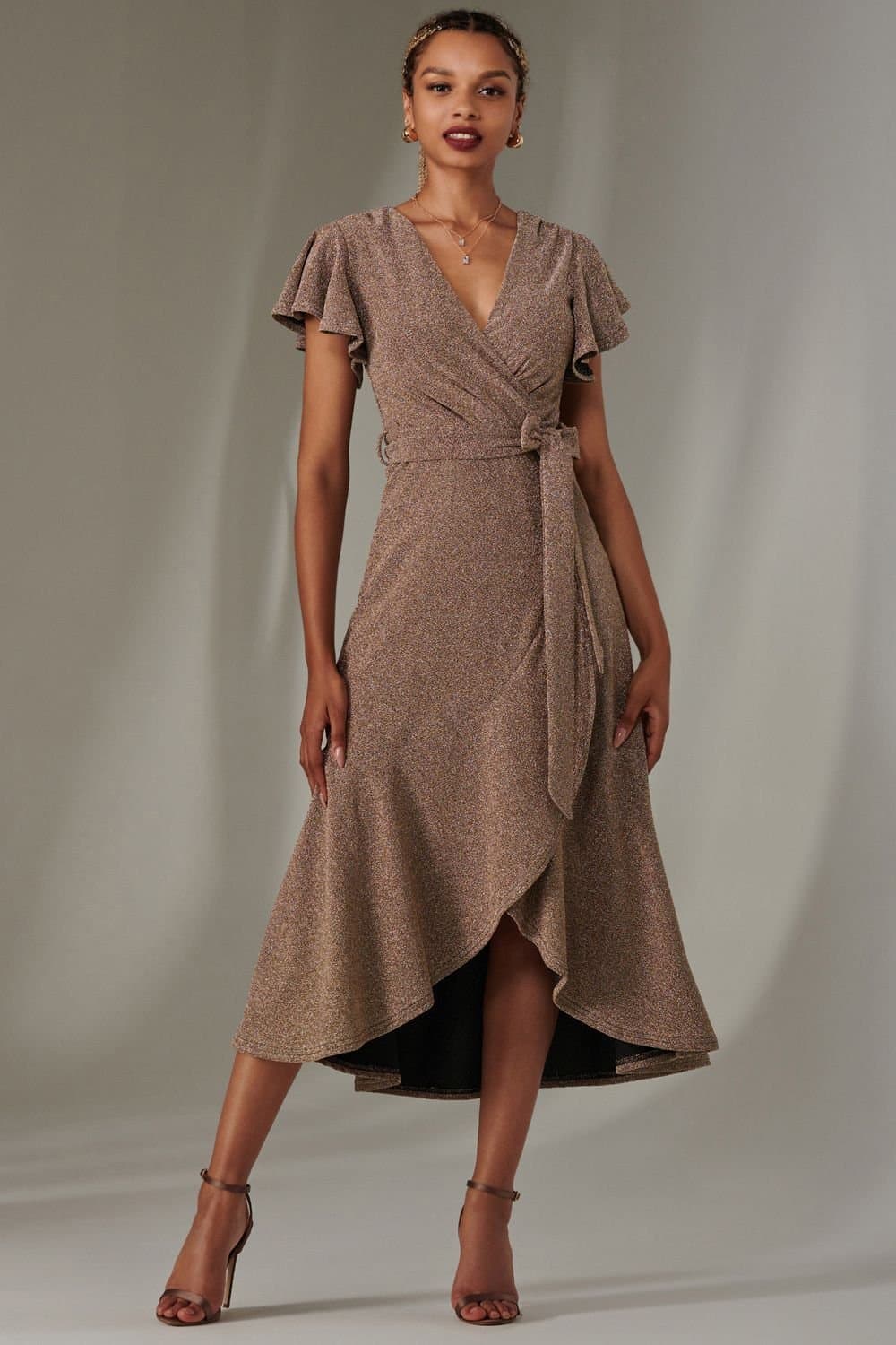 Jolie Moi Jolie Moi Women's Marlie Metallic Angel Sleeve Maxi Dress in Gold