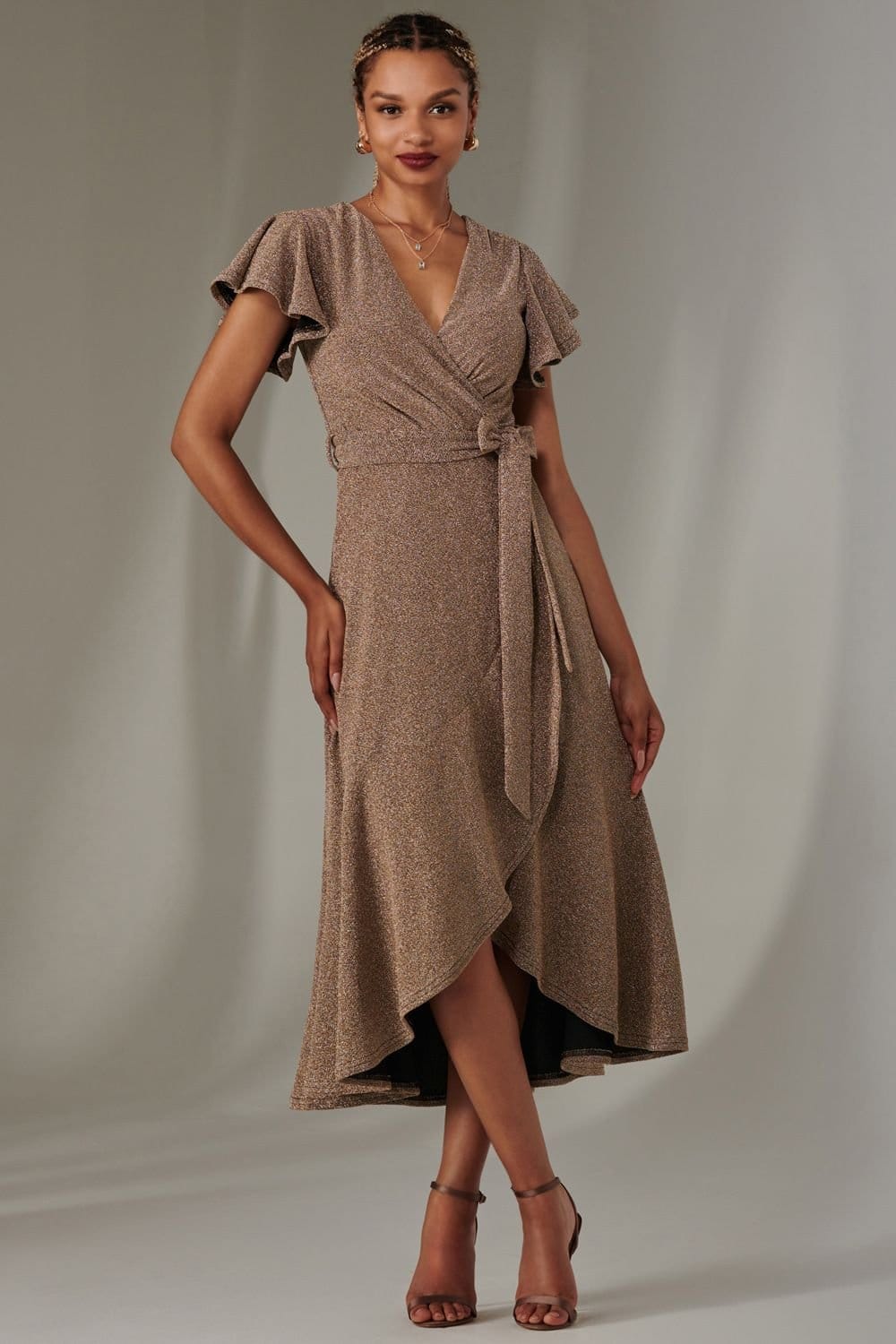 Jolie Moi Jolie Moi Women's Marlie Metallic Angel Sleeve Maxi Dress in Gold - 4