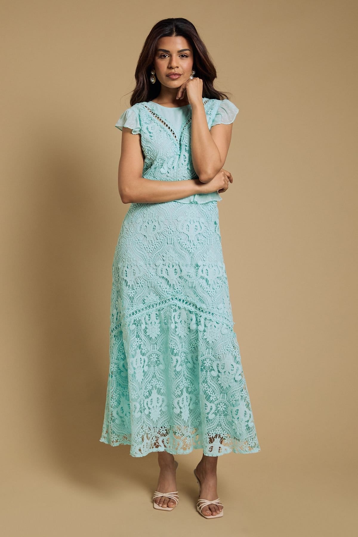 Oasis Women's Petite Dobby Lace Detail Midaxi Dress in Mint