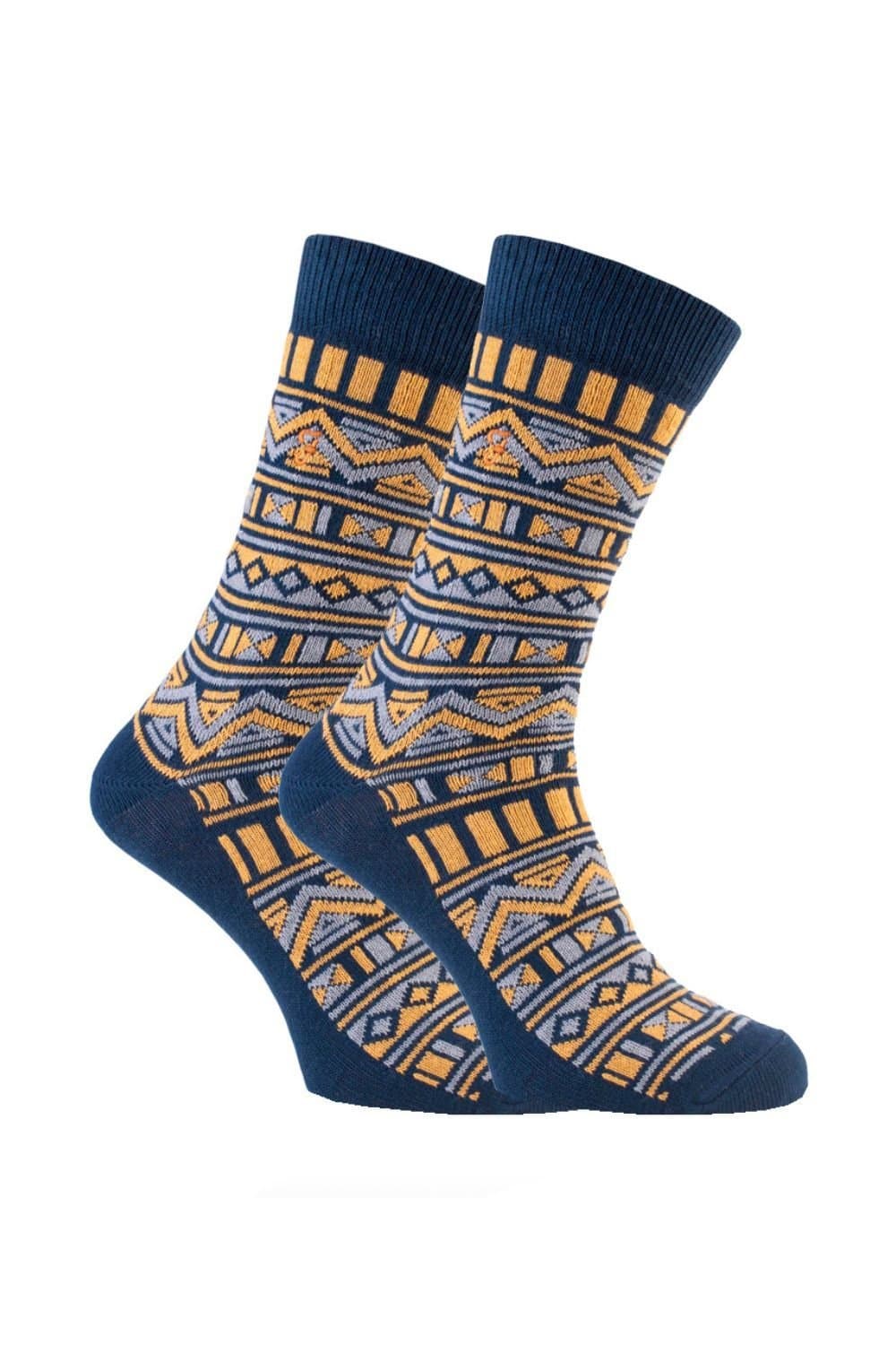 Farah FARAH Men's 2 Pack Vintage Aztec Patterned Colourful Cotton Socks in Navy