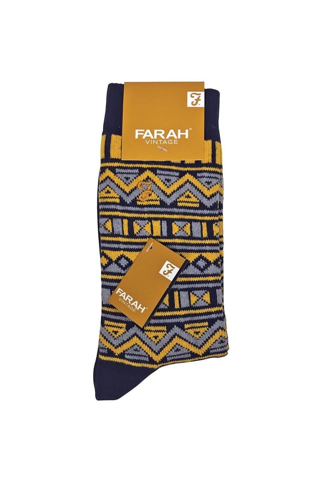 Farah FARAH Men's 2 Pack Vintage Aztec Patterned Colourful Cotton Socks in Navy - 2