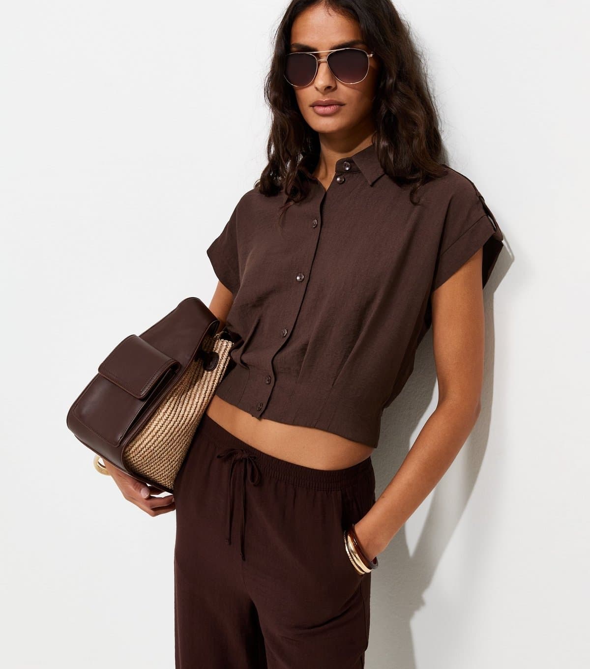 New Look Women's Dark Brown Pleated Short Sleeve Shirt New Look