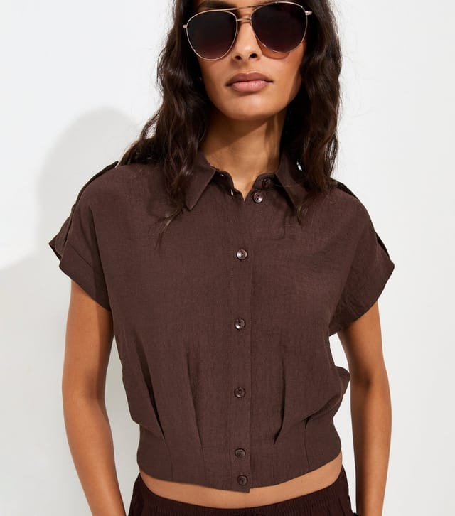 New Look Women's Dark Brown Pleated Short Sleeve Shirt New Look - 3