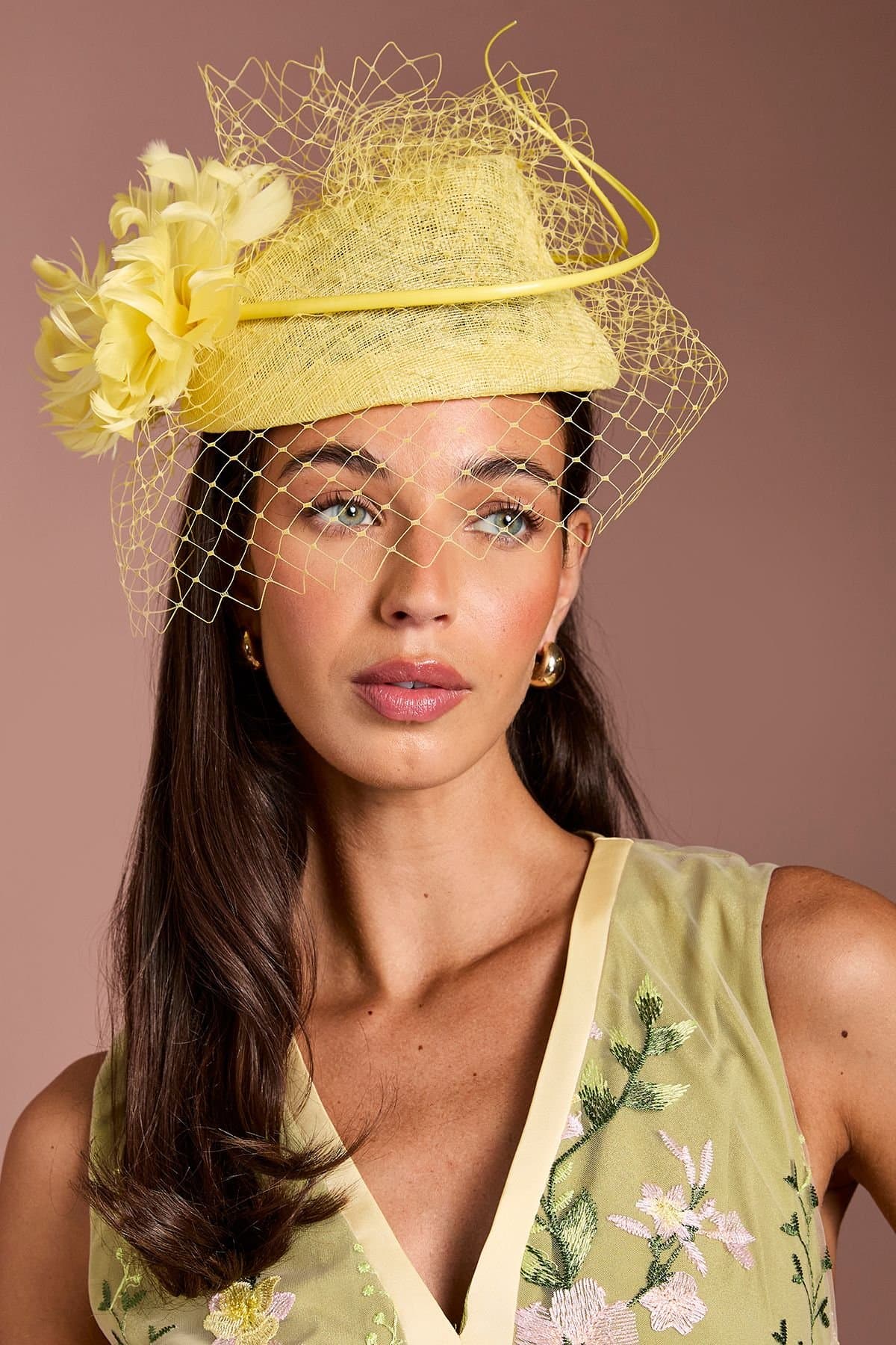 Coast Coast Lemon Pillbox Fascinator with Floral & Net Detail