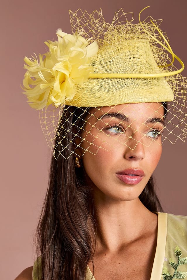 Coast Coast Women's Lisa Tan Flower & Net Detail Pillbox Fascinator in Lemon - 2