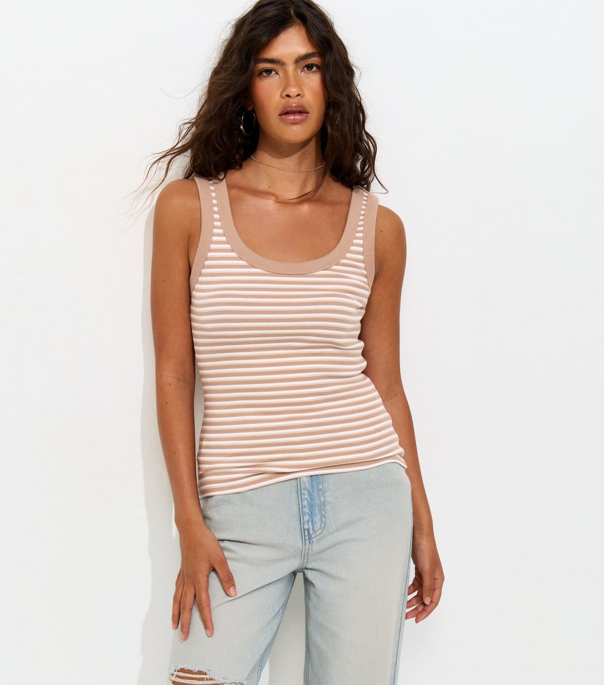 New Look Cream/Mink Striped Ribbed Jersey Vest Top