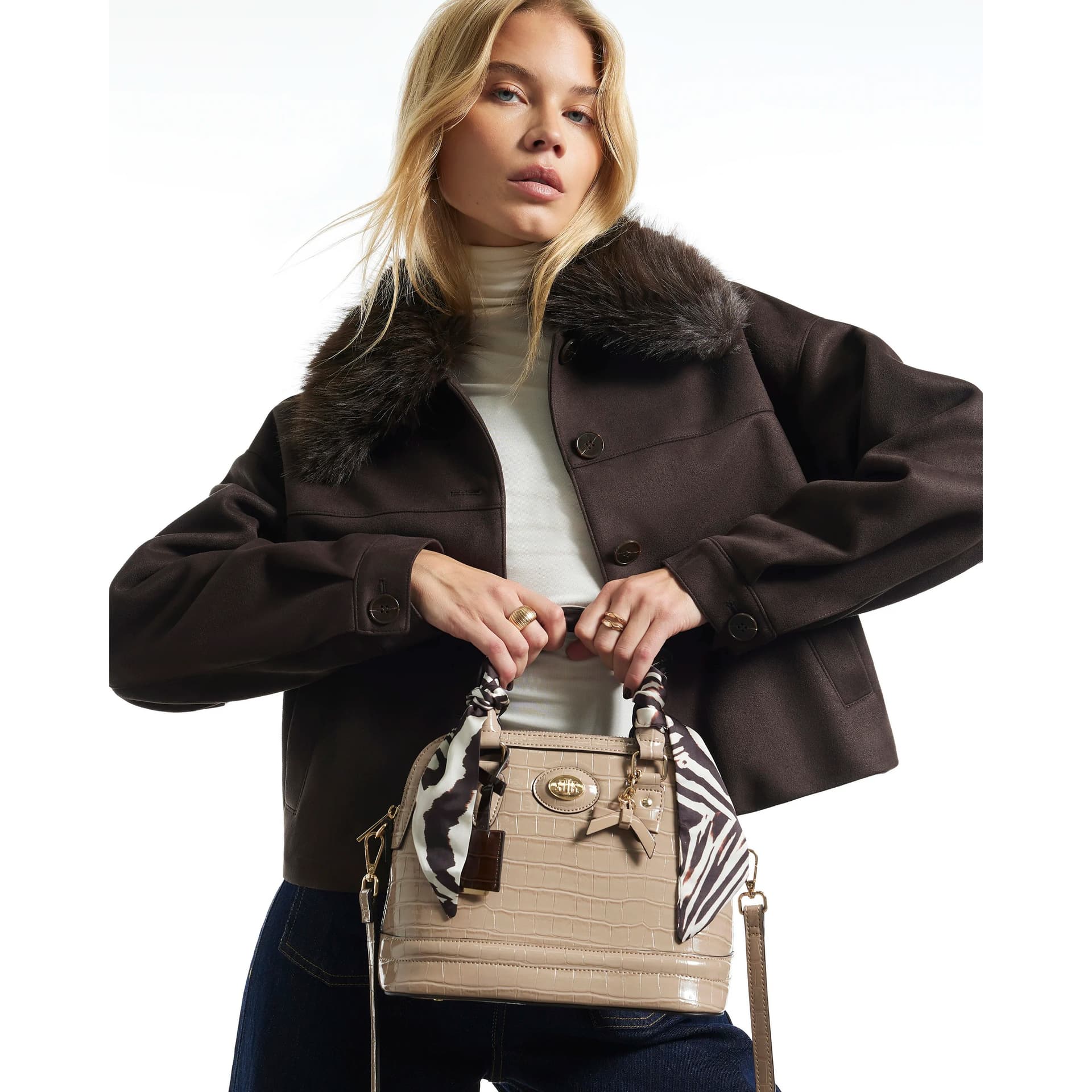 River Island River Island Womens Beige Scarf Croc Tote Bag
