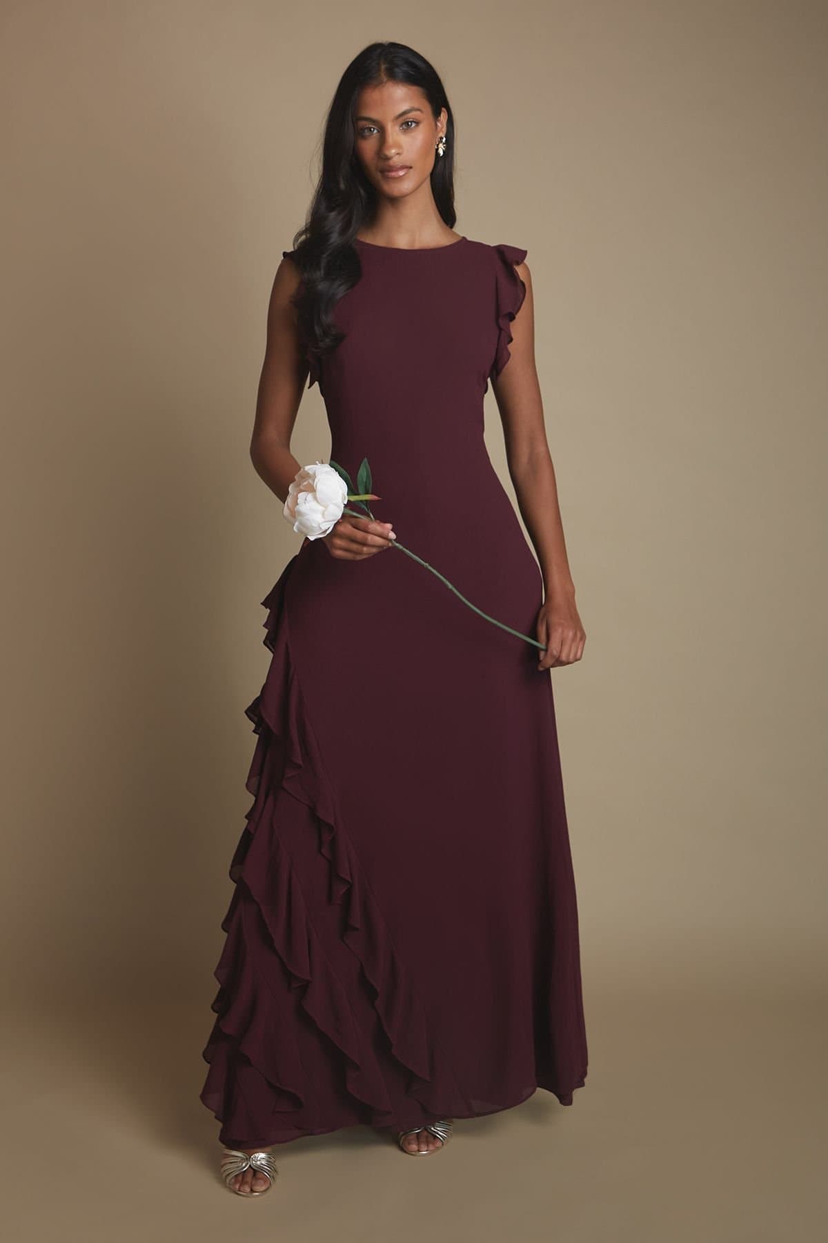 Coast Coast Women's Petite Honoured Ruffle Georgette Maxi Bridesmaid Dress in Malbec