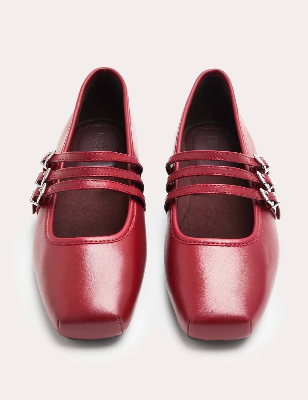 Marks & Spencer M&S Leather Triple Strap Mary Jane Ballet Pumps Dark Red