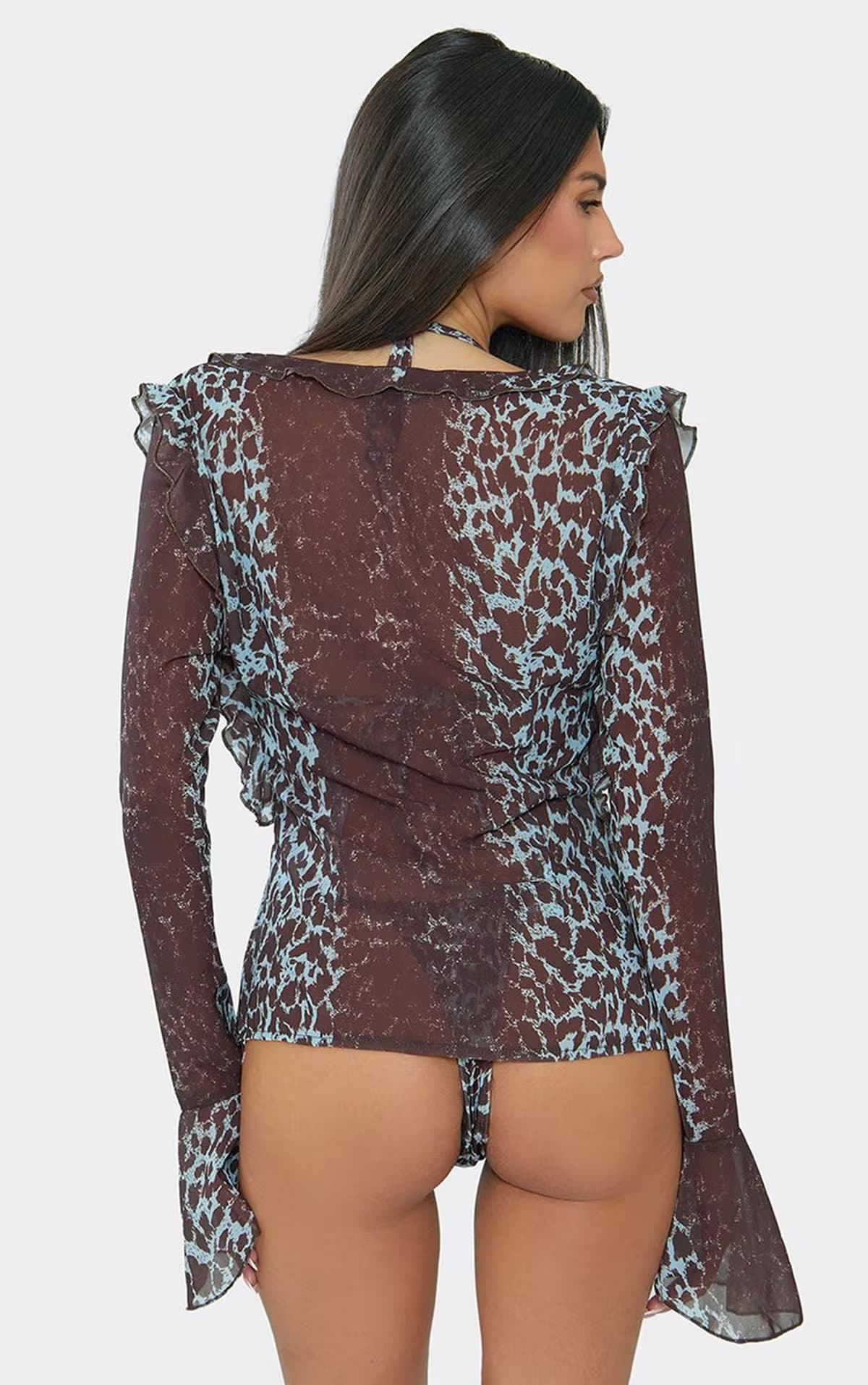 EGO Long Sleeve Frilly Tie Detail Top In Multi Leopard Print, Women's Size UK 6