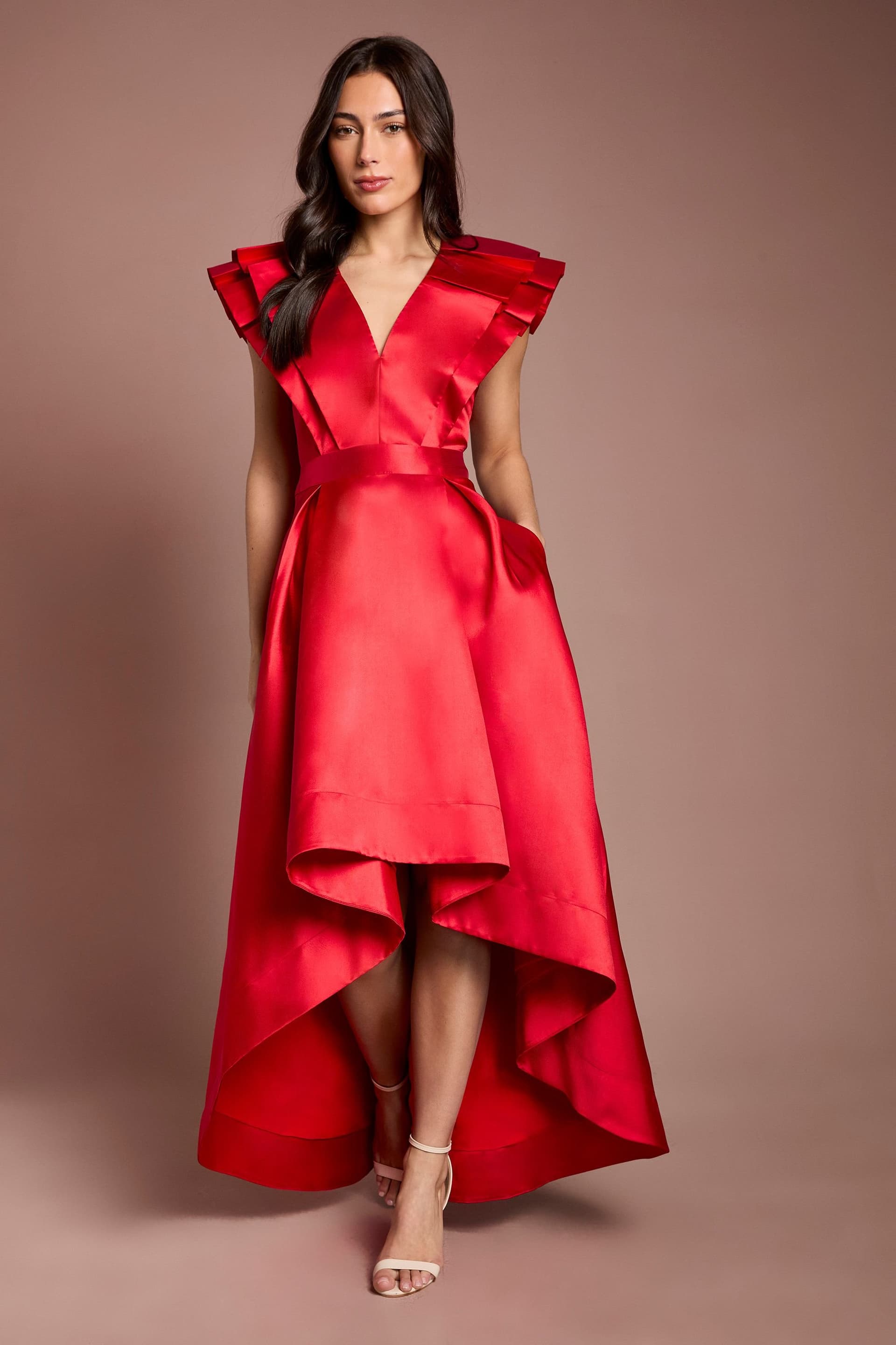 Coast Coast Women's Frill Sleeve V Neck Midi Dress in Flame Red