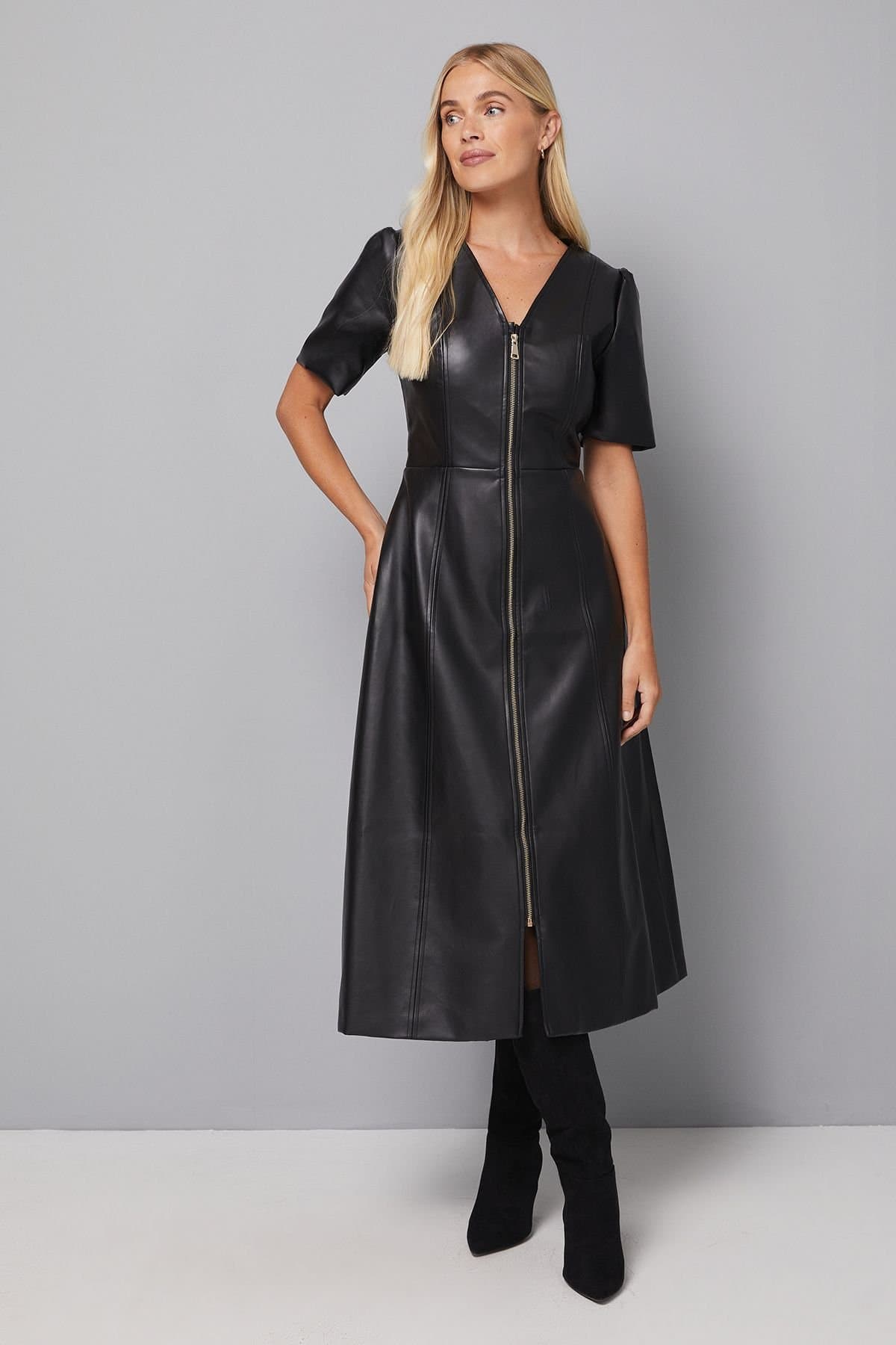 Wallis Wallis Women's Petite Faux Leather Zip Midi Dress in Black