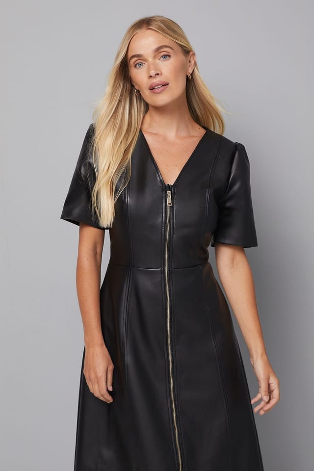 Wallis Wallis Women's Petite Faux Leather Zip Midi Dress in Black - 2