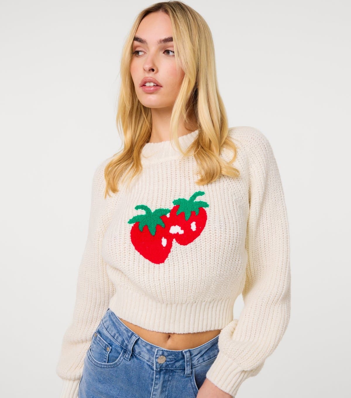 Pink Vanilla Women's Off White Strawberry Knit Jumper Pink Vanilla New Look