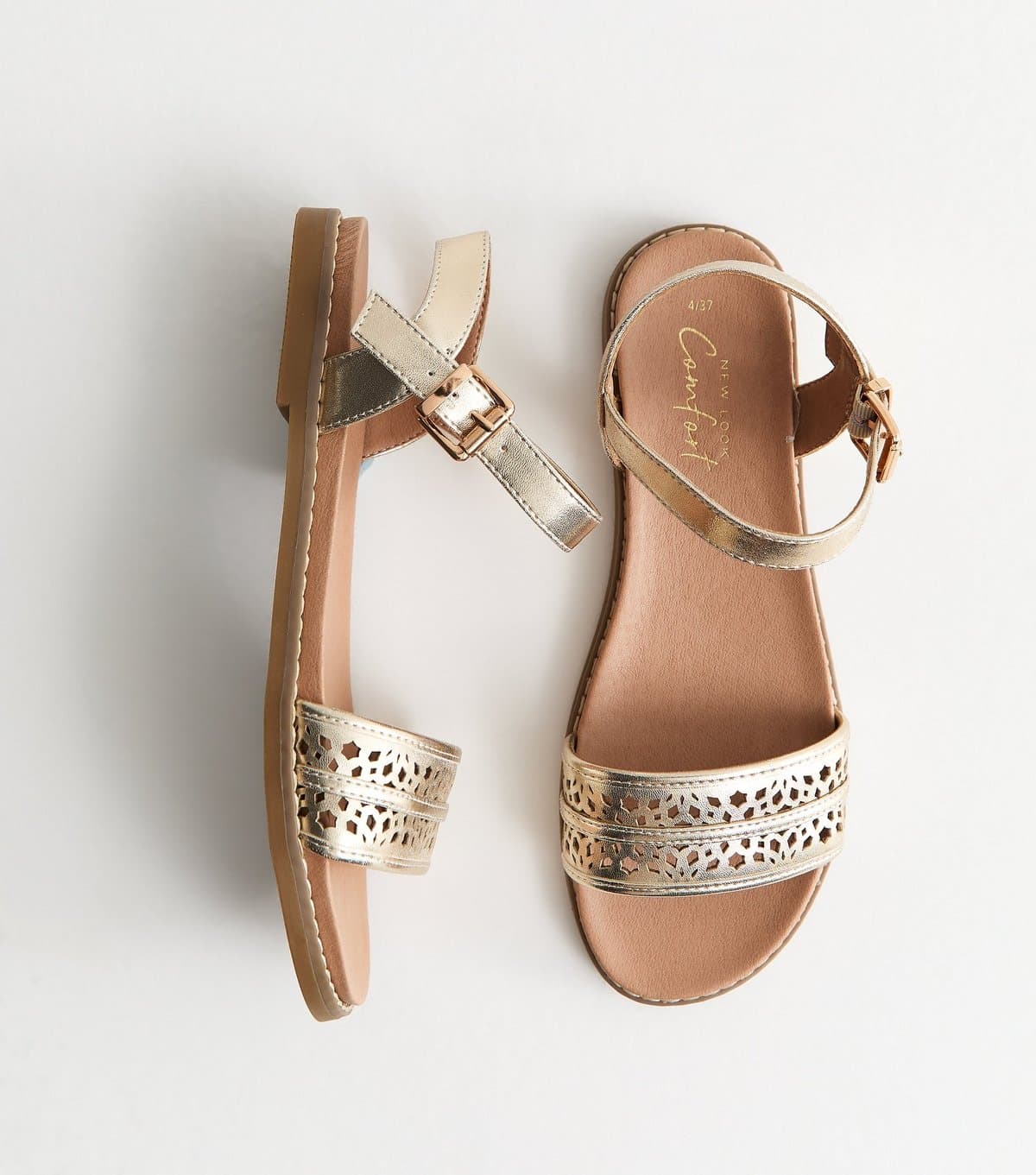 New Look Women's Gold Faux Leather Cut Out Strap Flat Sandals Vegan New Look